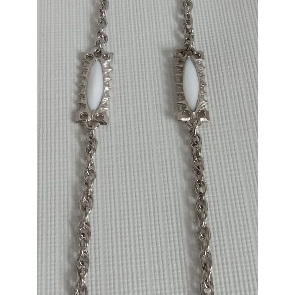 Solid White & Silver Toned Metal Rectangle Accents Long Length Layering Necklace